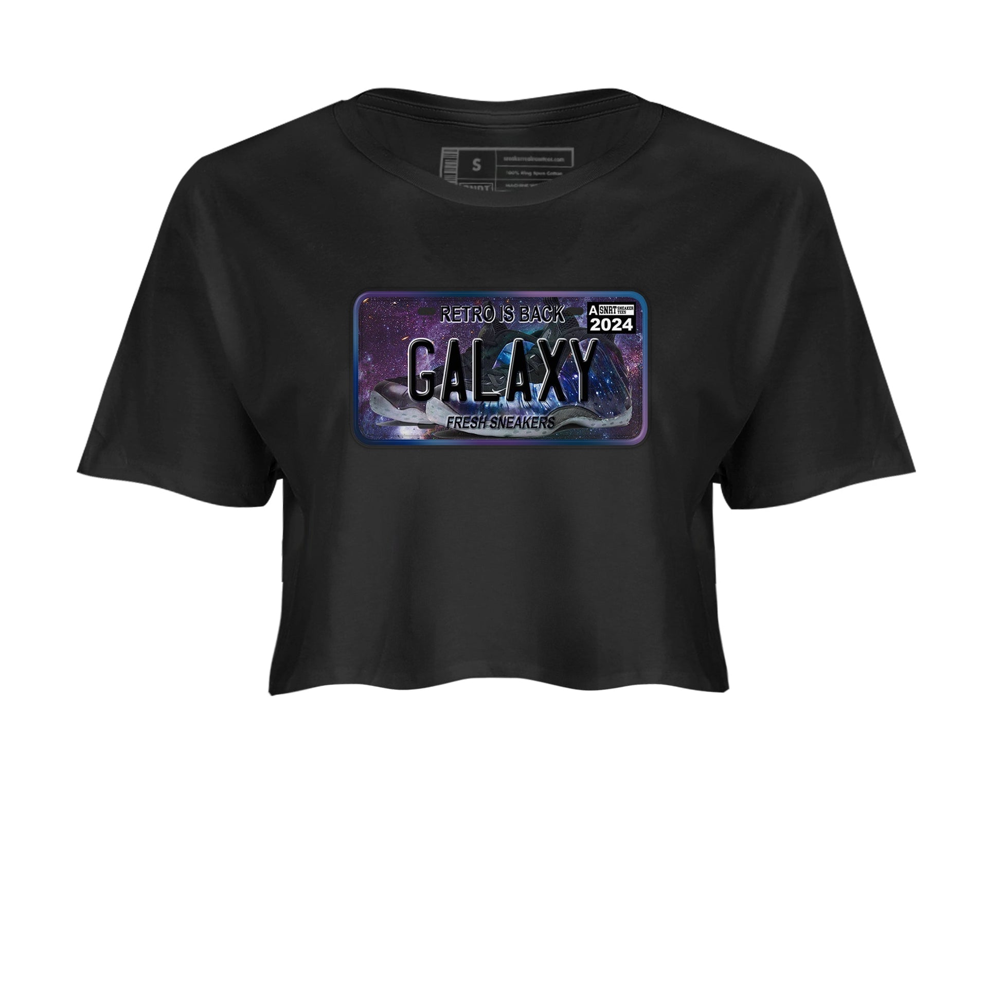 Air Foamposite One Galaxy shirts to match jordans Sneaker Plate sneaker match tees Air Foamposite One Galaxy SNRT Sneaker Release Tees unisex cotton Black 2 Crop Shirts