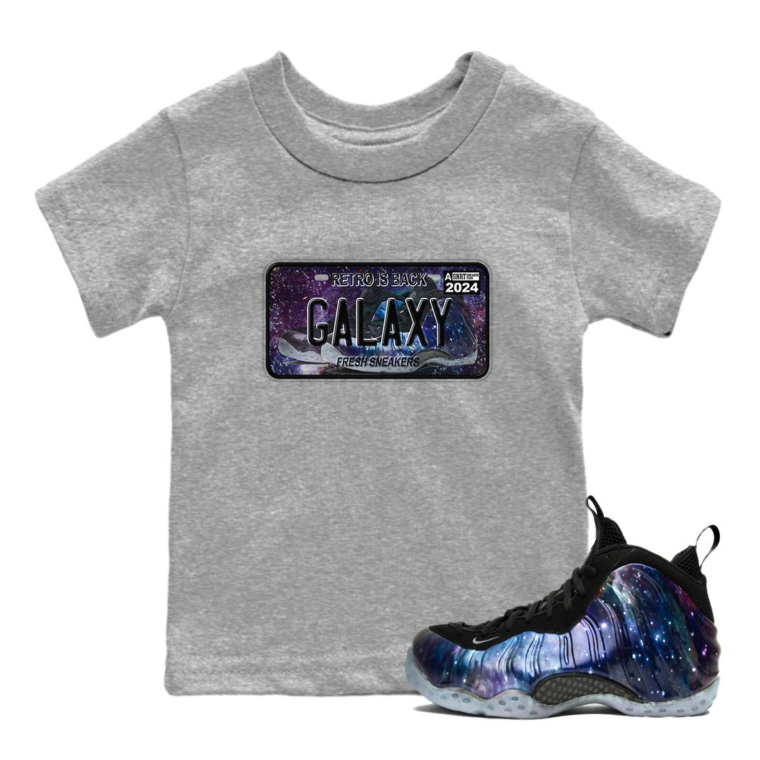 Air Foamposite One Galaxy shirts to match jordans Sneaker Plate sneaker match tees Air Foamposite One Galaxy SNRT Sneaker Release Tees Youth Baby Heather Grey 1 crew neck shirts