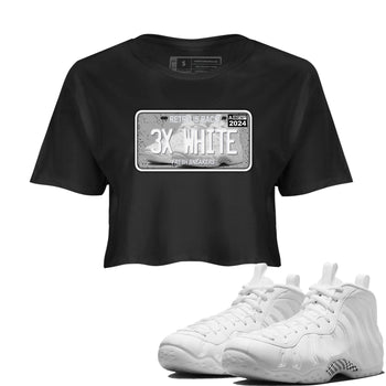 Sneaker Plate womens crop tee made to vibe with the Air Foamposite One Triple White sneakers — the perfect match in Black 1.