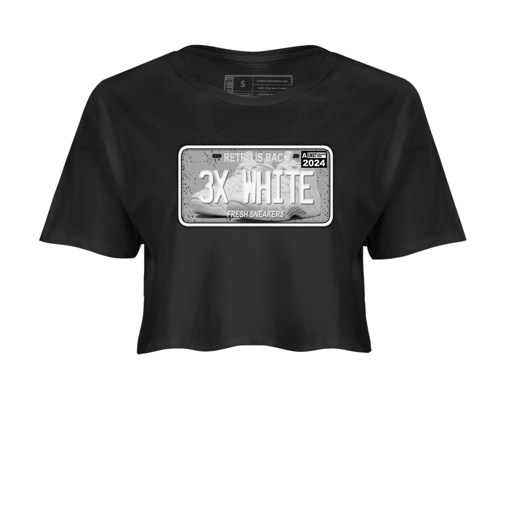 Sneaker Plate womens crop tee made to vibe with the Air Foamposite One Triple White sneakers — the perfect match in Black 2.