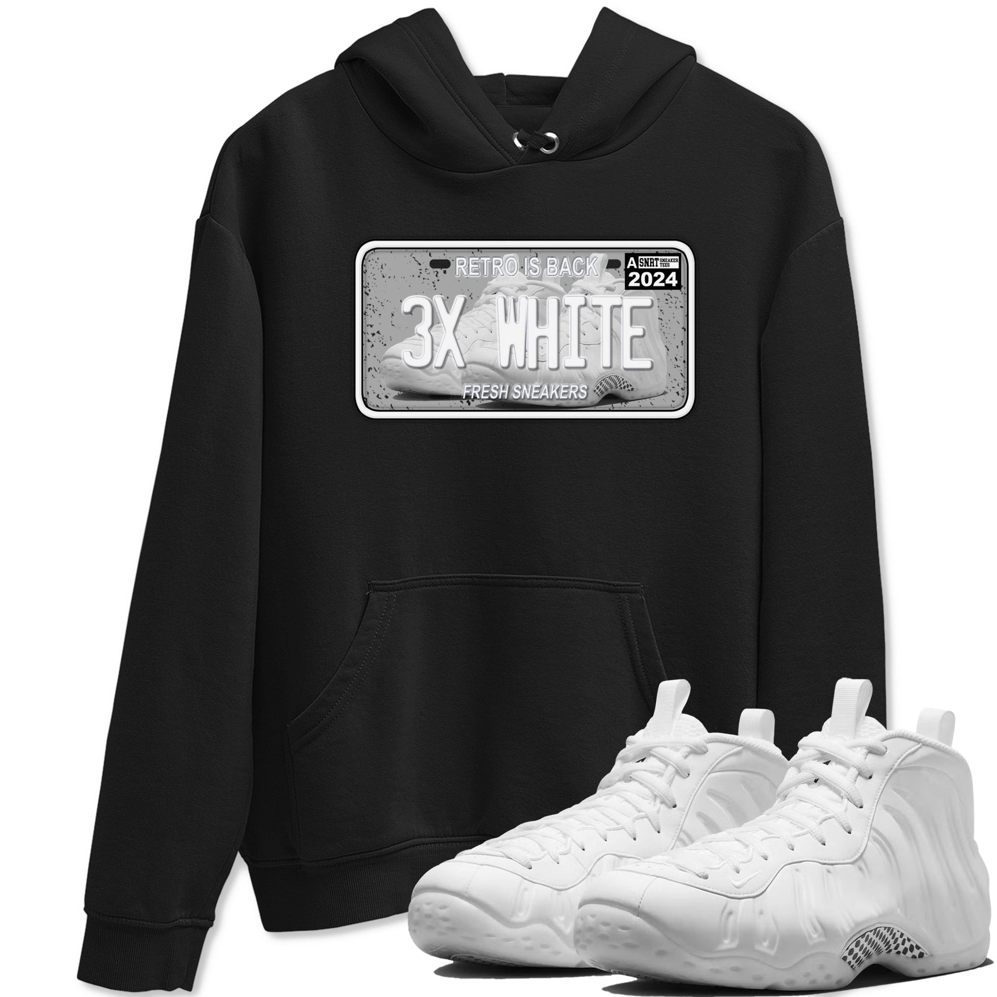 Sneaker Plate sneaker match t-shirt styled to complete your fit with the Air Foamposite One Triple White sneakers, shown in Black 1.
