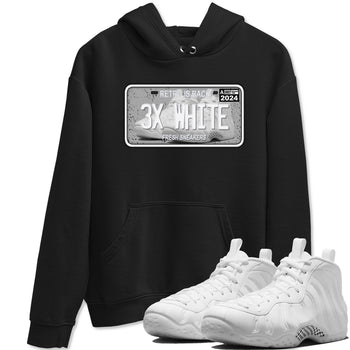 Sneaker Plate sneaker match t-shirt styled to complete your fit with the Air Foamposite One Triple White sneakers, shown in Black 1.
