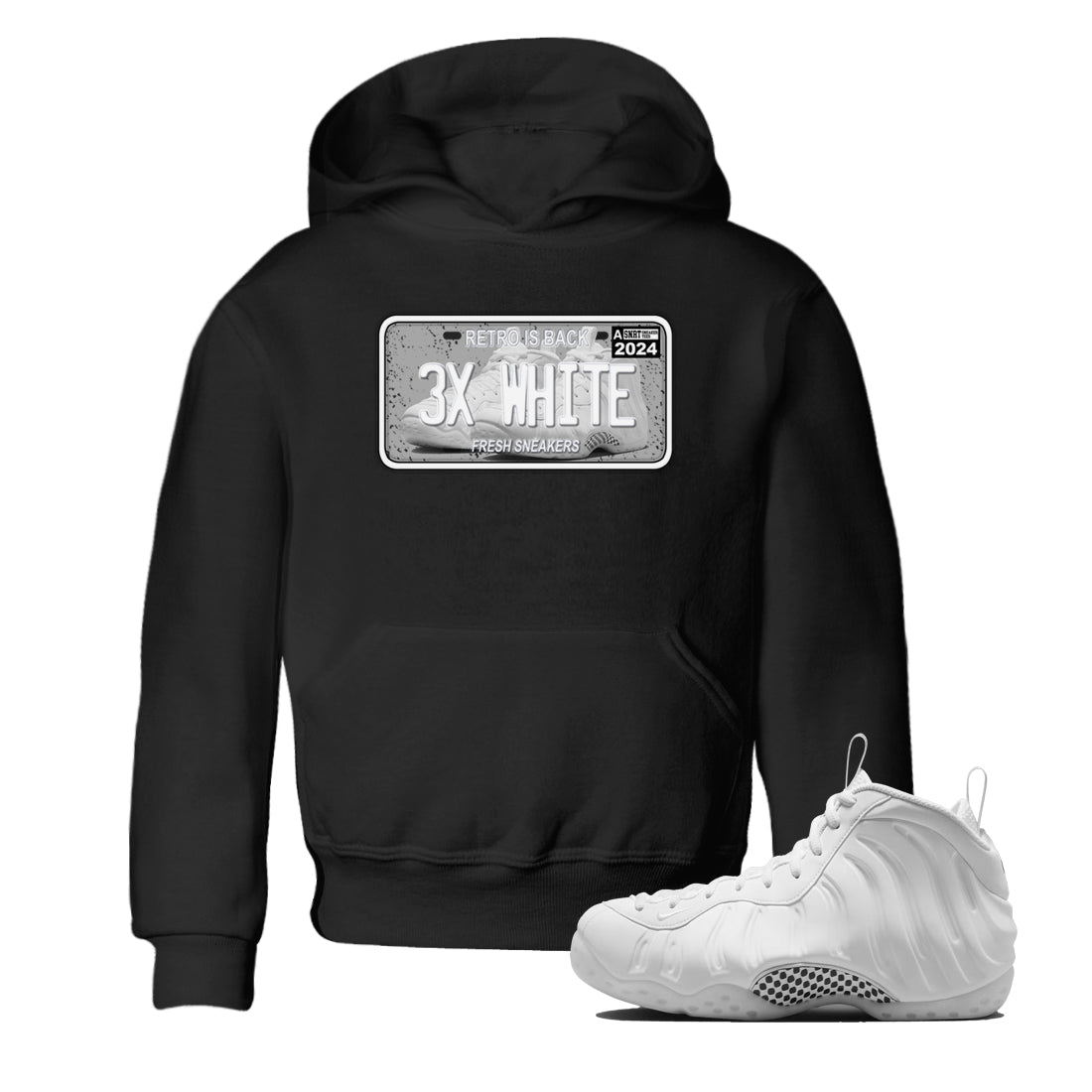 Sneaker Plate baby and kids t-shirt crafted for little sneakerheads to shine with the Air Foamposite One Triple White sneakers, displayed in Black 1.