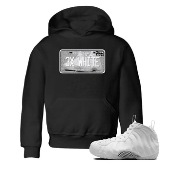 Sneaker Plate baby and kids t-shirt crafted for little sneakerheads to shine with the Air Foamposite One Triple White sneakers, displayed in Black 1.