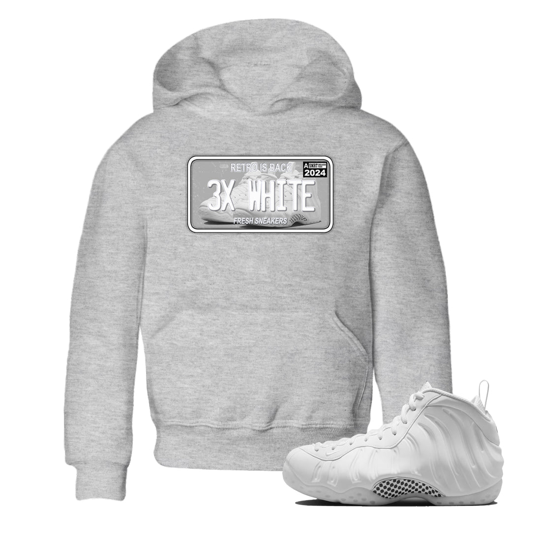 Sneaker Plate baby and kids t-shirt crafted for little sneakerheads to shine with the Air Foamposite One Triple White sneakers, displayed in Heather Grey 1.