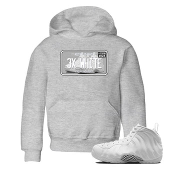 Sneaker Plate baby and kids t-shirt crafted for little sneakerheads to shine with the Air Foamposite One Triple White sneakers, displayed in Heather Grey 1.