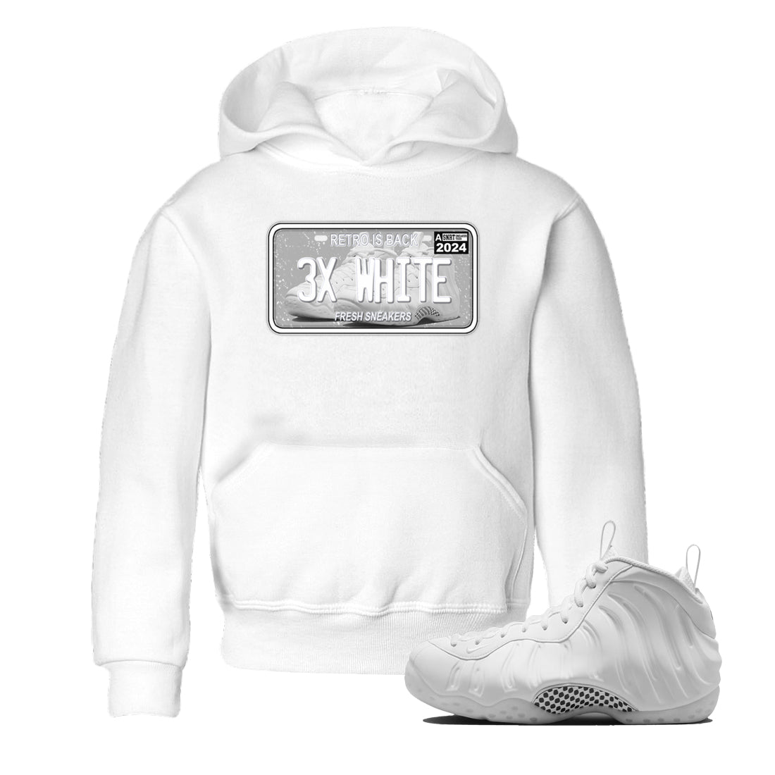 Sneaker Plate baby and kids t-shirt crafted for little sneakerheads to shine with the Air Foamposite One Triple White sneakers, displayed in White 1.