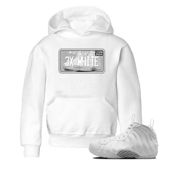 Sneaker Plate baby and kids t-shirt crafted for little sneakerheads to shine with the Air Foamposite One Triple White sneakers, displayed in White 1.
