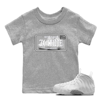 Sneaker Plate baby and kids t-shirt crafted for little sneakerheads to shine with the Air Foamposite One Triple White sneakers, displayed in Heather Grey 1.
