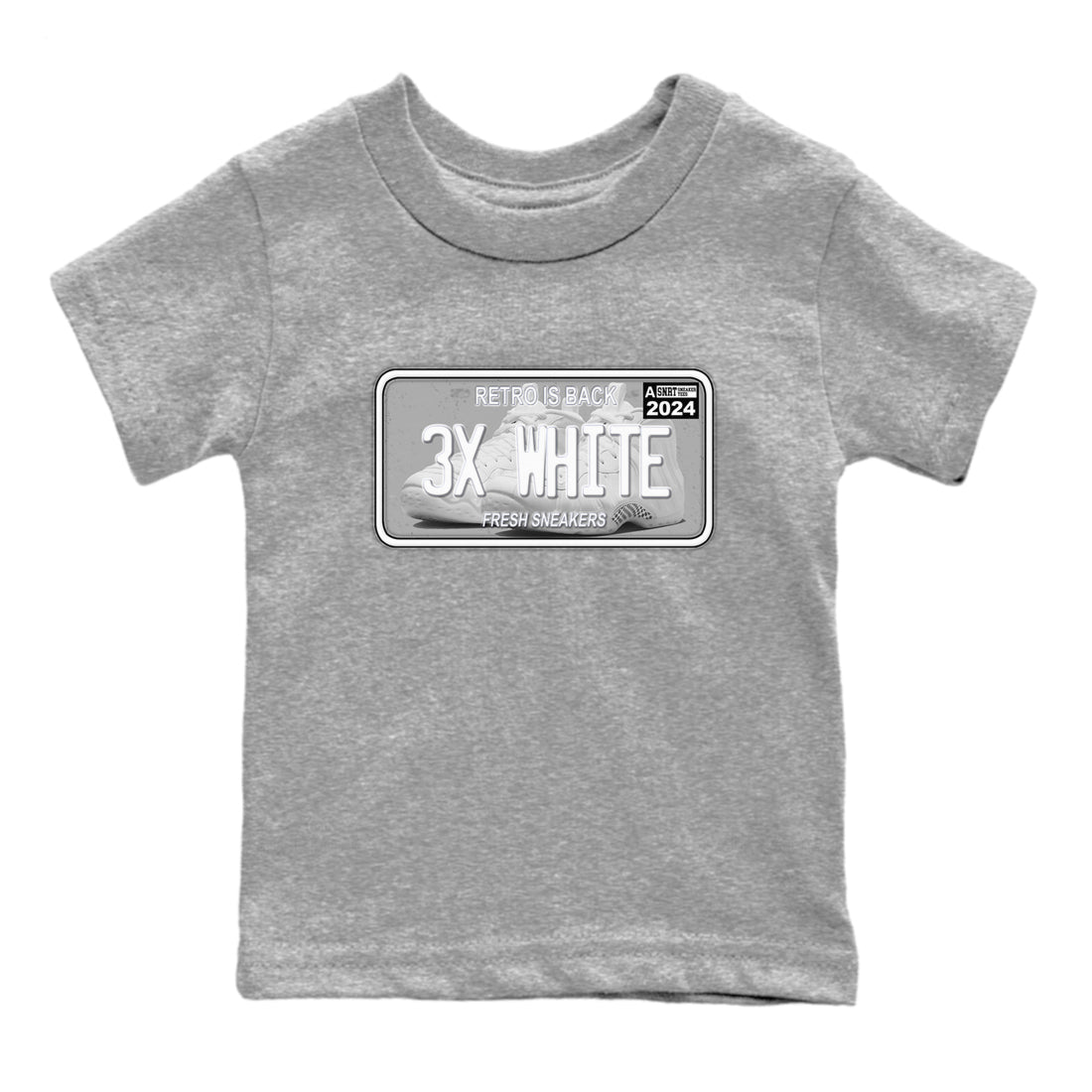 Sneaker Plate baby and kids t-shirt crafted for little sneakerheads to shine with the Air Foamposite One Triple White sneakers, displayed in Heather Grey 2.