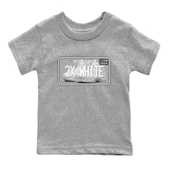 Sneaker Plate baby and kids t-shirt crafted for little sneakerheads to shine with the Air Foamposite One Triple White sneakers, displayed in Heather Grey 2.