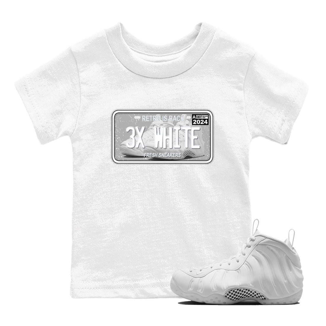 Sneaker Plate baby and kids t-shirt crafted for little sneakerheads to shine with the Air Foamposite One Triple White sneakers, displayed in White 1.