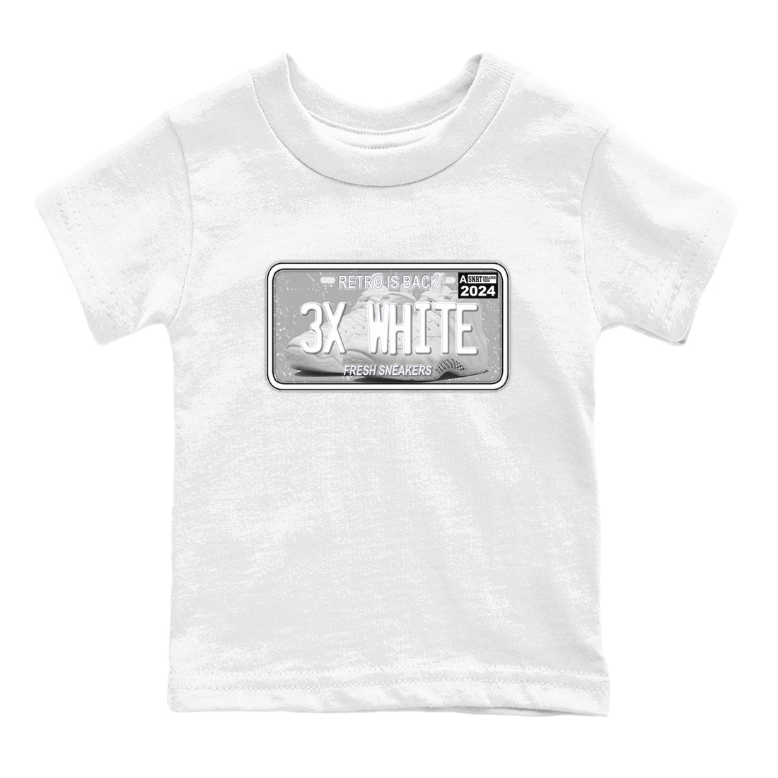 Sneaker Plate baby and kids t-shirt crafted for little sneakerheads to shine with the Air Foamposite One Triple White sneakers, displayed in White 2.