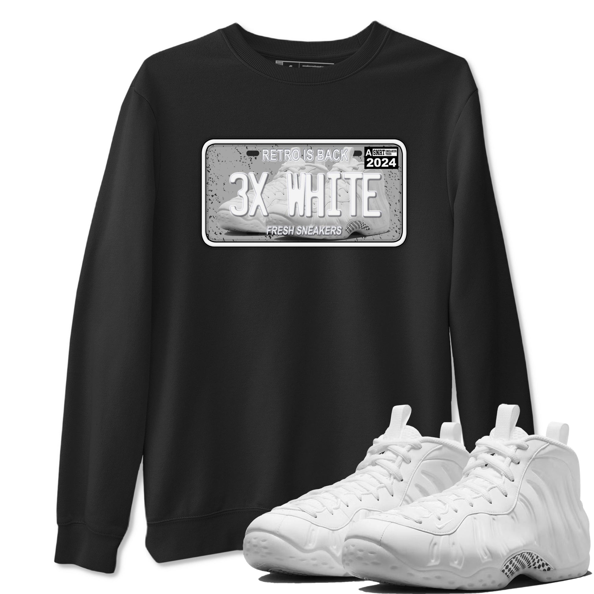 Sneaker Plate sneaker match t-shirt styled to complete your fit with the Air Foamposite One Triple White sneakers, shown in Black 1.