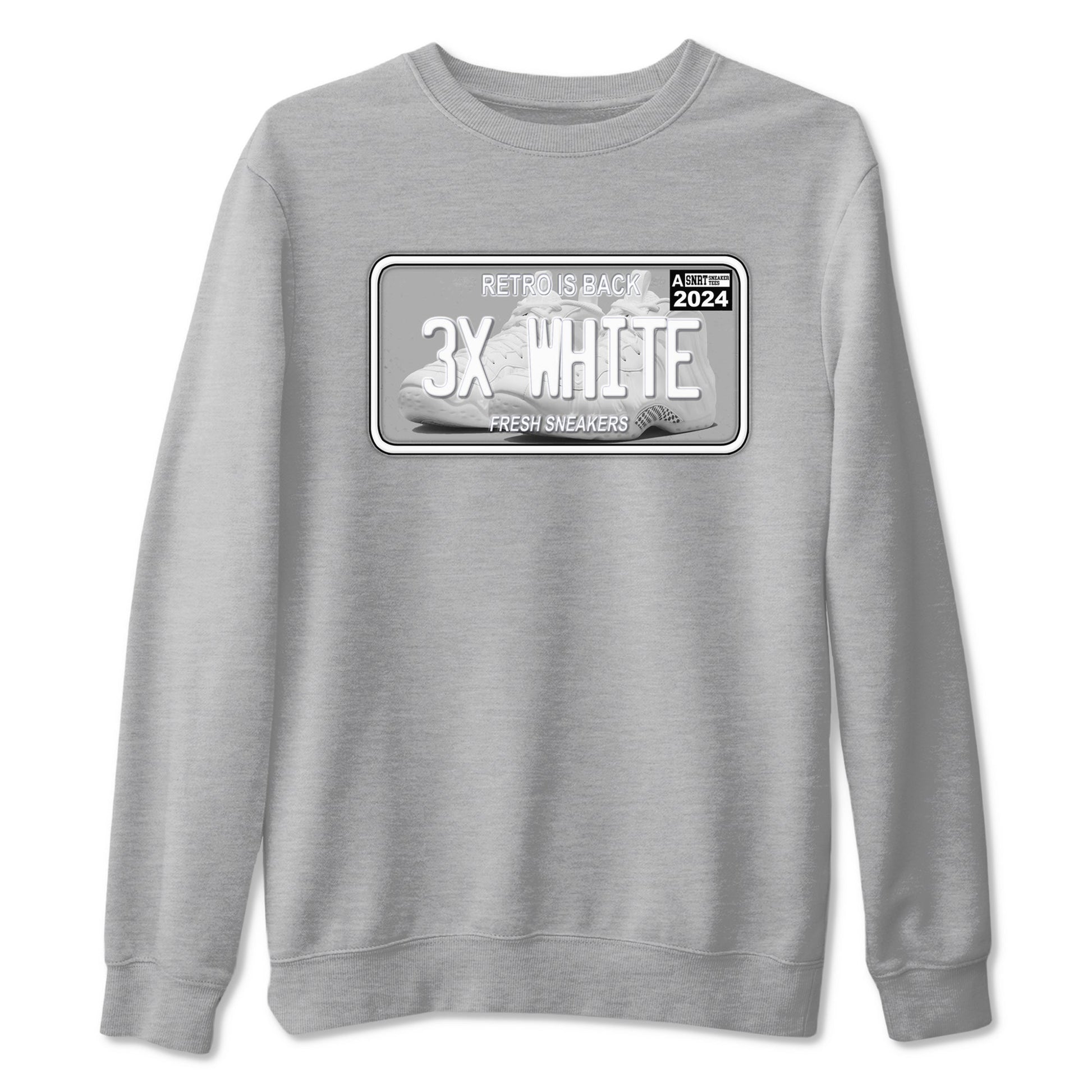 Sneaker Plate sneaker match t-shirt styled to complete your fit with the Air Foamposite One Triple White sneakers, shown in Heather Grey 2.