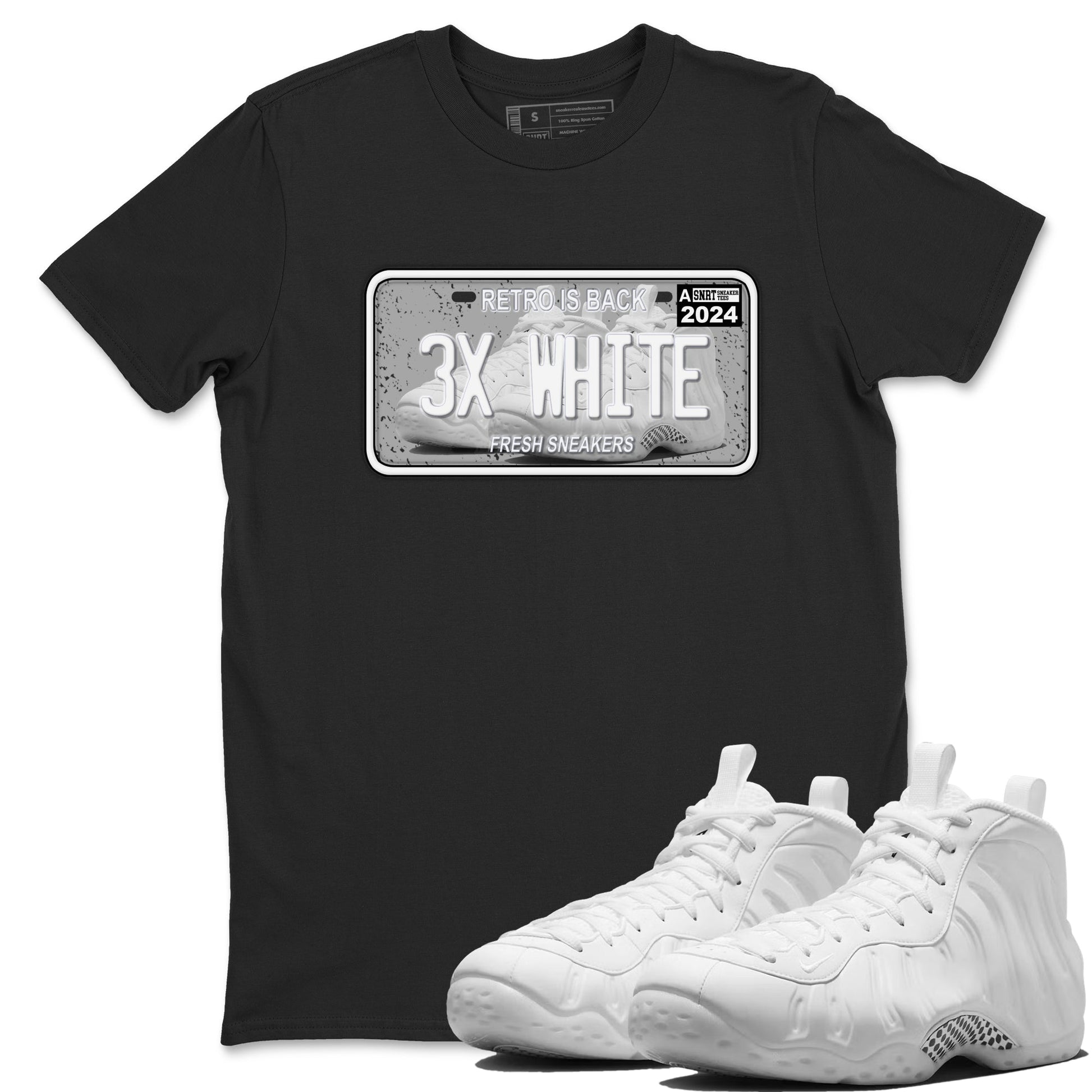 Sneaker Plate sneaker match t-shirt styled to complete your fit with the Air Foamposite One Triple White sneakers, shown in Black 1.