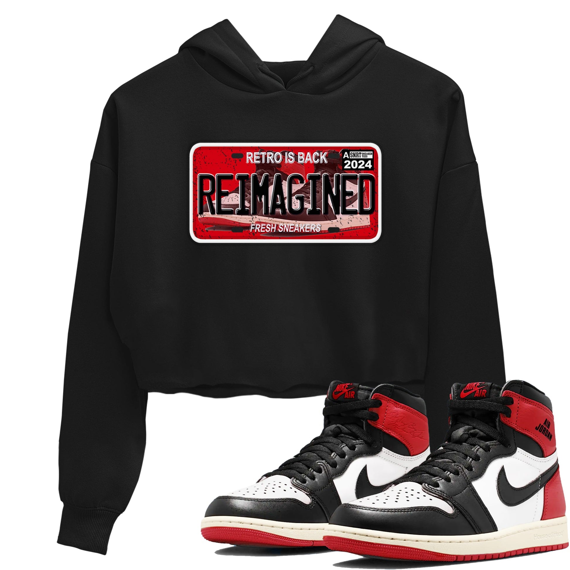 1s Black Toe Reimagined shirts to match jordans Sneaker Plate sneaker match tees Air Jordan 1 Black Toe Reimagined SNRT Sneaker Release Tees unisex cotton Black 1 Crop Shirts