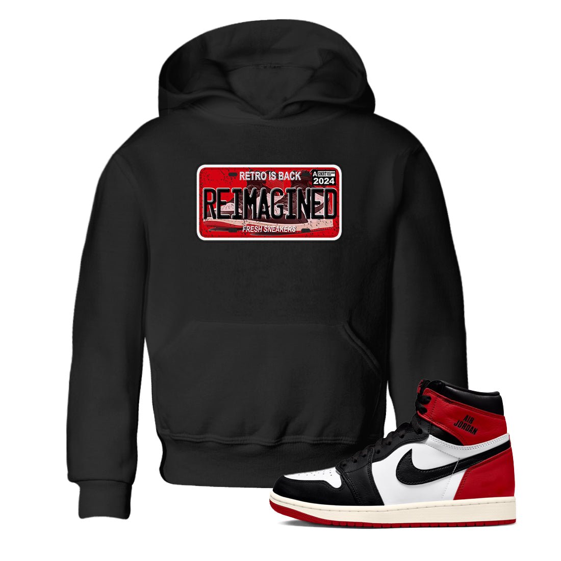 1s Black Toe Reimagined shirts to match jordans Sneaker Plate sneaker match tees Air Jordan 1 Black Toe Reimagined SNRT Sneaker Release Tees Youth Baby Black 1 crew neck shirts