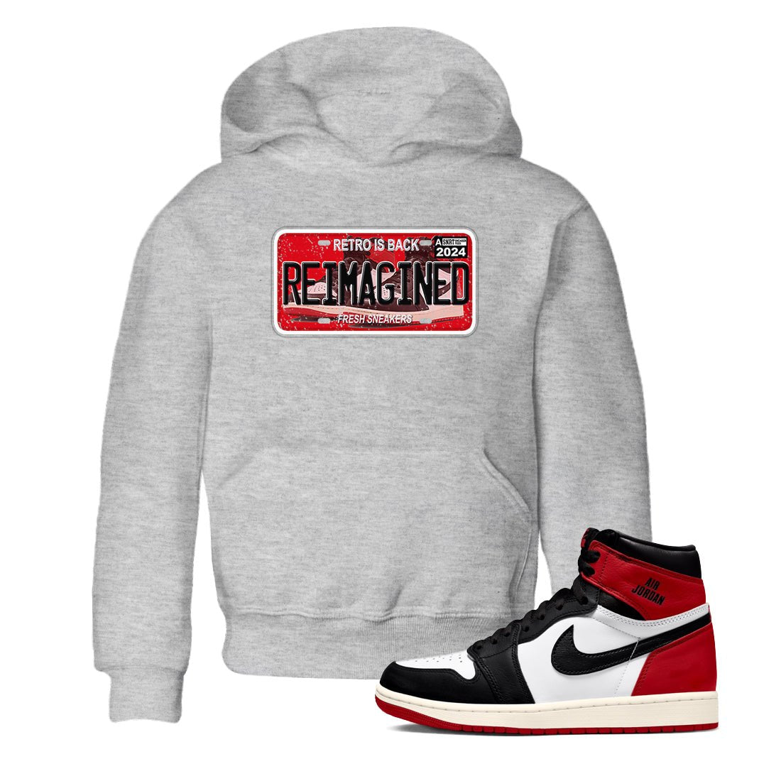 1s Black Toe Reimagined shirts to match jordans Sneaker Plate sneaker match tees Air Jordan 1 Black Toe Reimagined SNRT Sneaker Release Tees Youth Baby Heather Grey 1 crew neck shirts