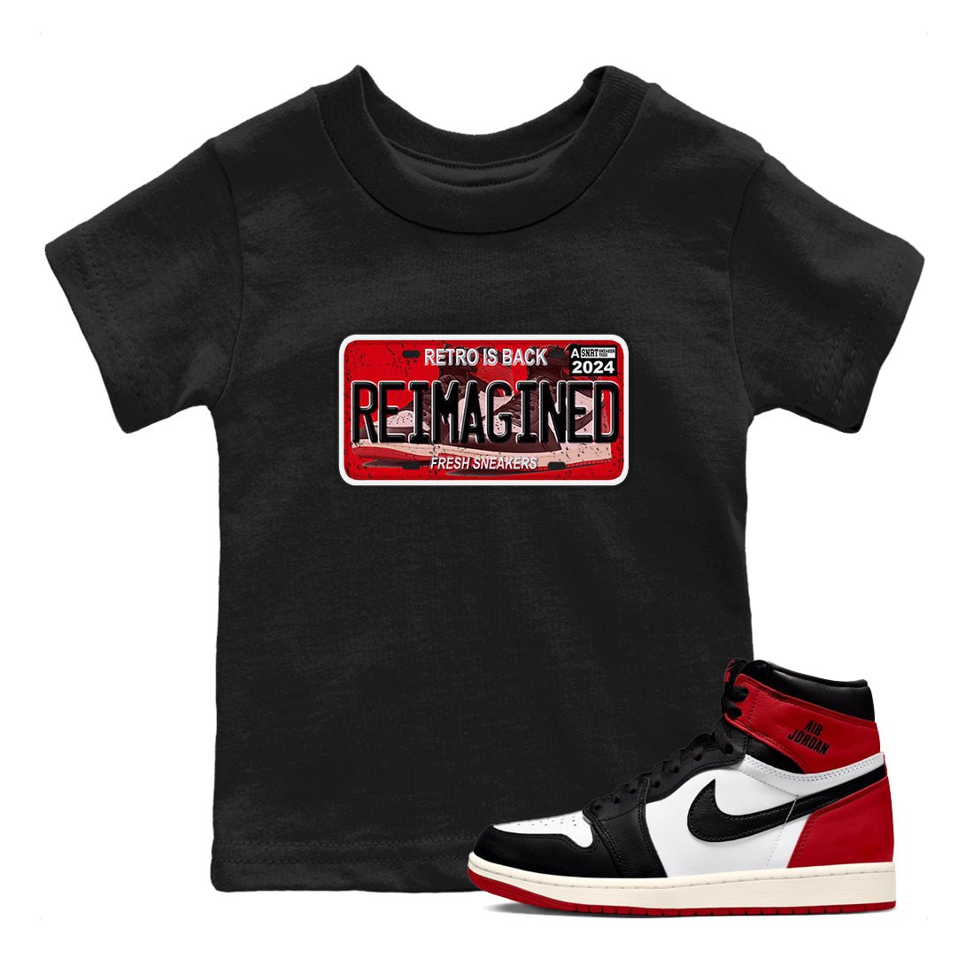 1s Black Toe Reimagined shirts to match jordans Sneaker Plate sneaker match tees Air Jordan 1 Black Toe Reimagined SNRT Sneaker Release Tees Youth Baby Black 1 crew neck shirts