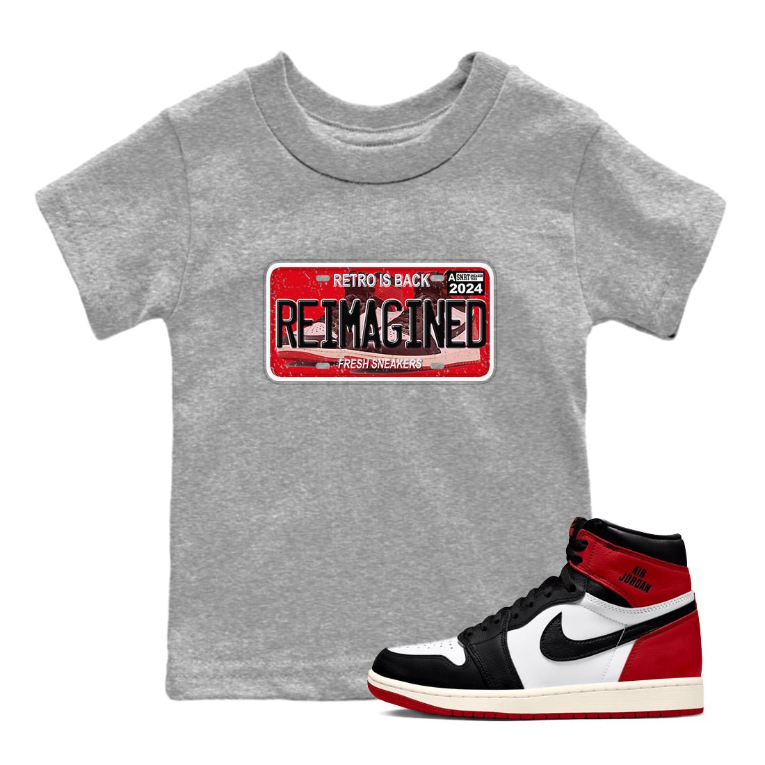 1s Black Toe Reimagined shirts to match jordans Sneaker Plate sneaker match tees Air Jordan 1 Black Toe Reimagined SNRT Sneaker Release Tees Youth Baby Heather Grey 1 crew neck shirts