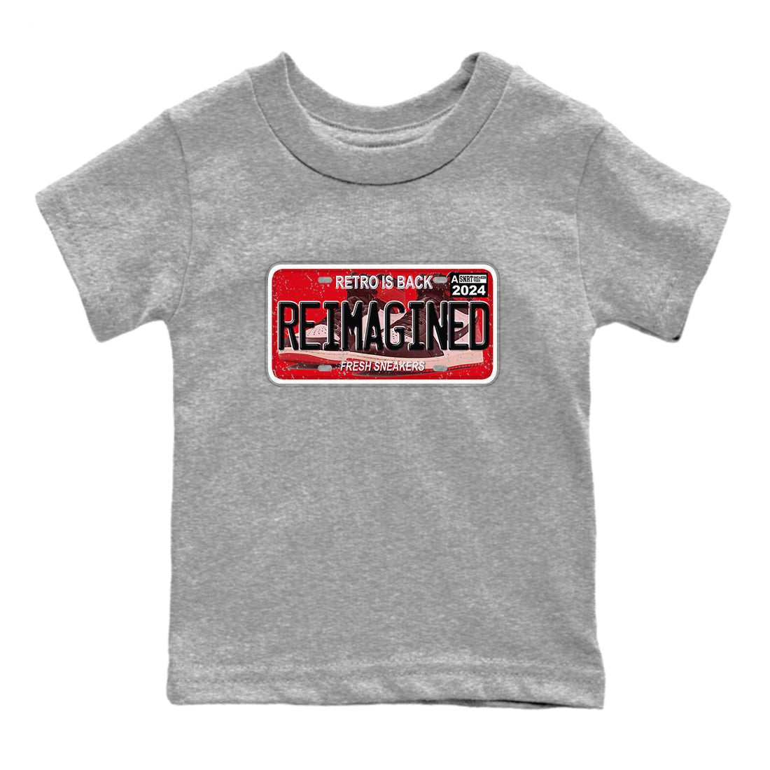 1s Black Toe Reimagined shirts to match jordans Sneaker Plate sneaker match tees Air Jordan 1 Black Toe Reimagined SNRT Sneaker Release Tees Youth Baby Heather Grey 2 crew neck shirts
