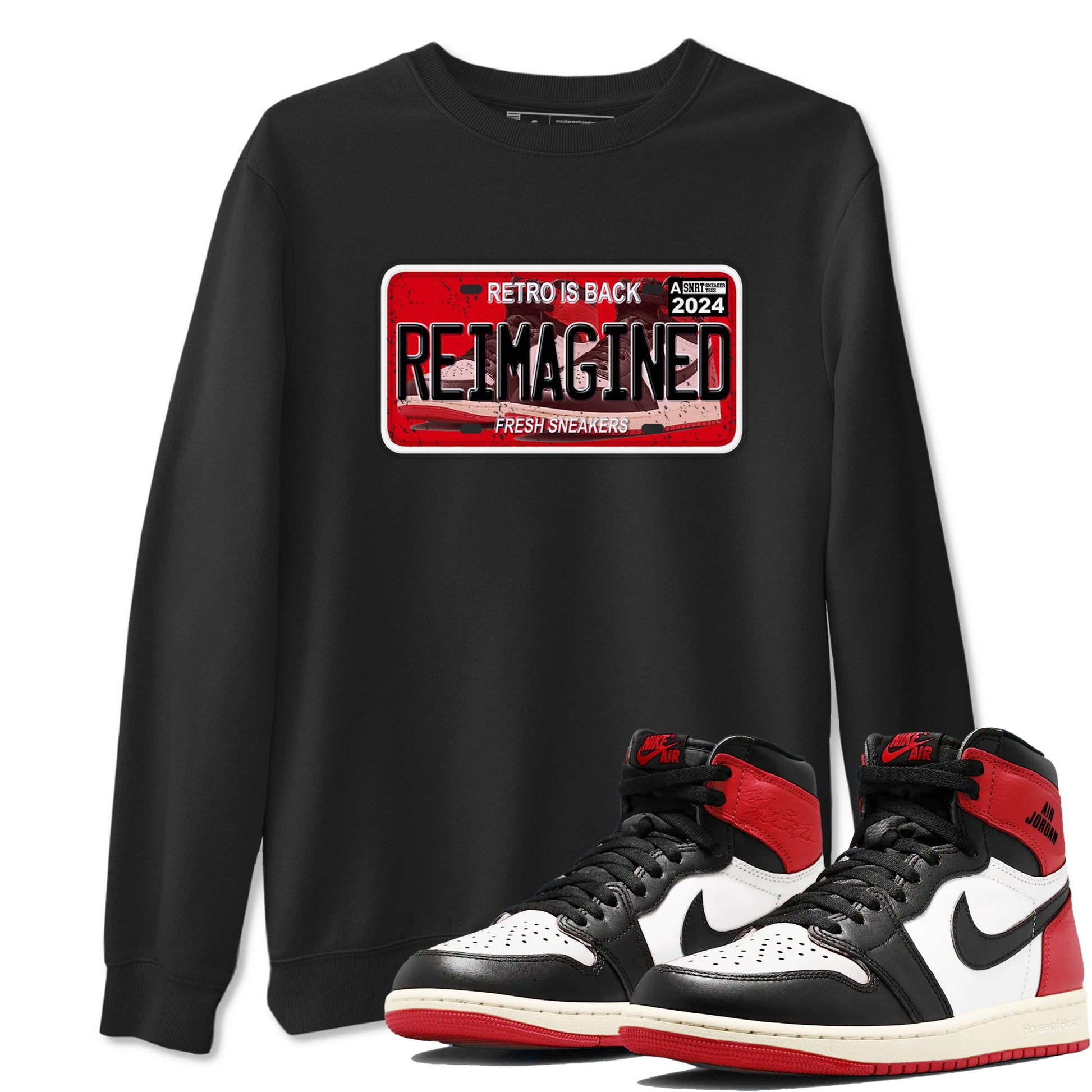 1s Black Toe Reimagined shirts to match jordans Sneaker Plate sneaker match tees Air Jordan 1 Black Toe Reimagined SNRT Sneaker Release Tees unisex cotton Black 1 crew neck shirts