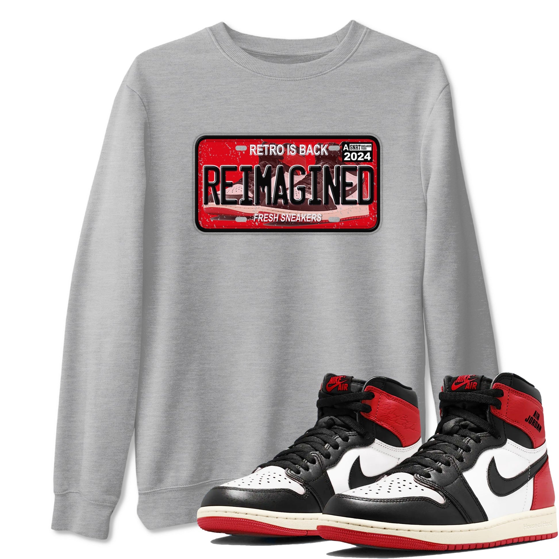 1s Black Toe Reimagined shirts to match jordans Sneaker Plate sneaker match tees Air Jordan 1 Black Toe Reimagined SNRT Sneaker Release Tees unisex cotton Heather Grey 1 crew neck shirts