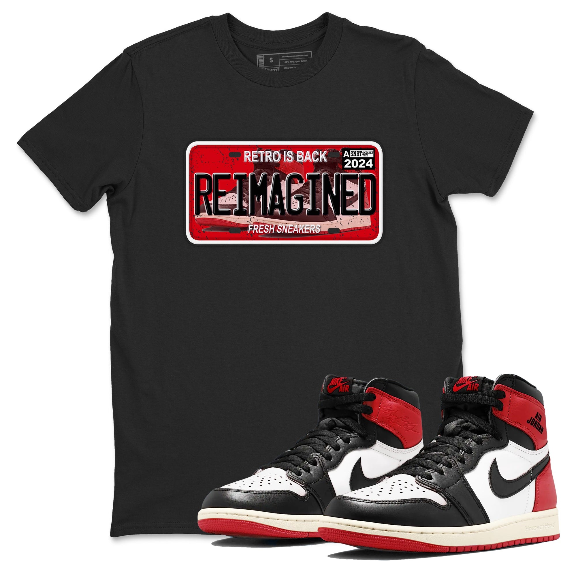 1s Black Toe Reimagined shirts to match jordans Sneaker Plate sneaker match tees Air Jordan 1 Black Toe Reimagined SNRT Sneaker Release Tees unisex cotton Black 1 crew neck shirts