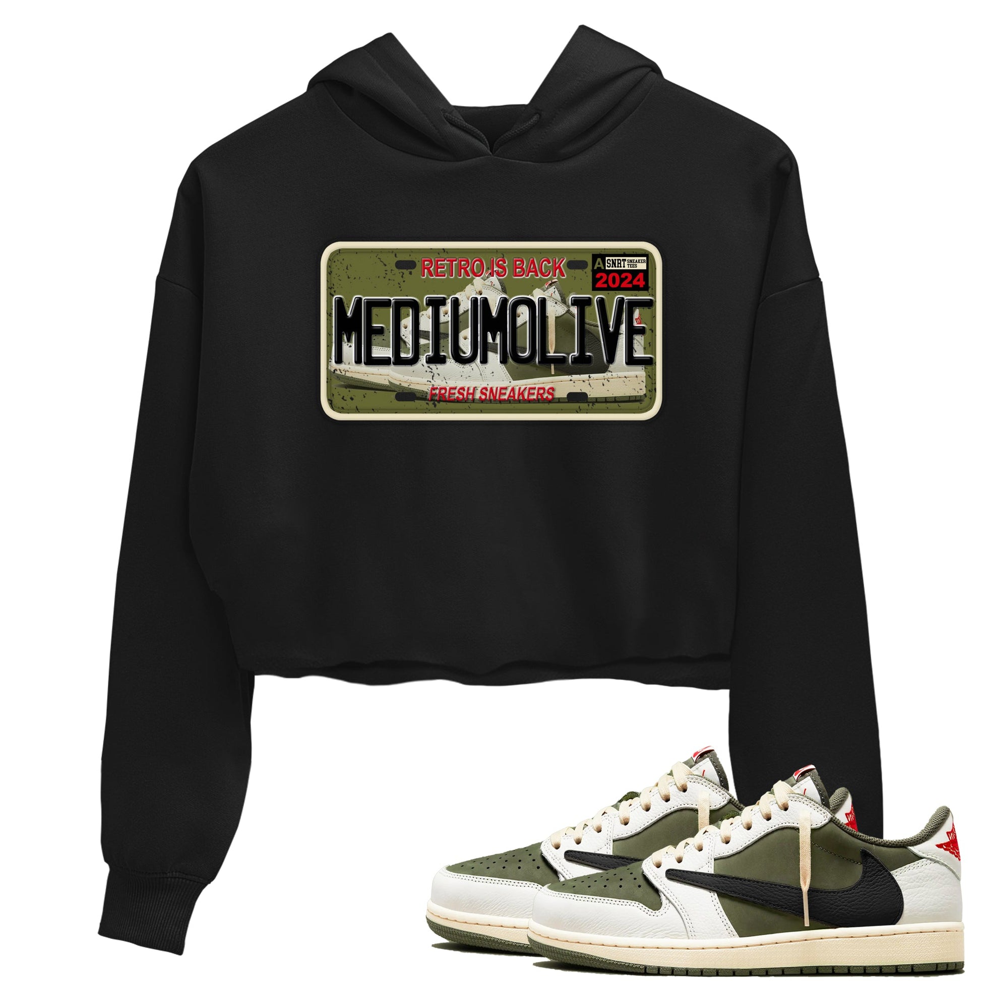 1s Travis Scott Medium Olive shirts to match jordans Sneaker Plate sneaker match tees Air Jordan 1 Travis Scott Medium Olive match shoes to clothes SNRT Sneaker Tees unisex cotton Black 1 crop tee