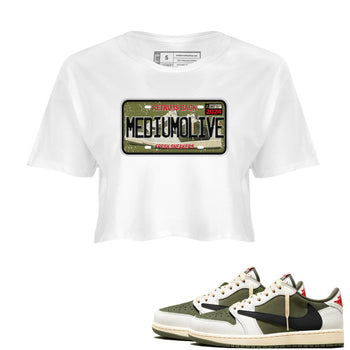 1s Travis Scott Medium Olive shirts to match jordans Sneaker Plate sneaker match tees Air Jordan 1 Travis Scott Medium Olive match shoes to clothes SNRT Sneaker Tees unisex cotton White 1 crop tee