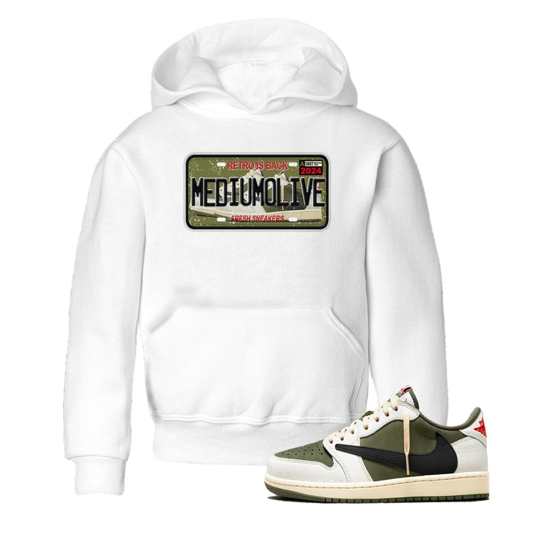 1s Travis Scott Medium Olive shirts to match jordans Sneaker Plate sneaker match tees Air Jordan 1 Travis Scott Medium Olive match shoes to clothes SNRT Sneaker Tees Youth Baby White 1 tee