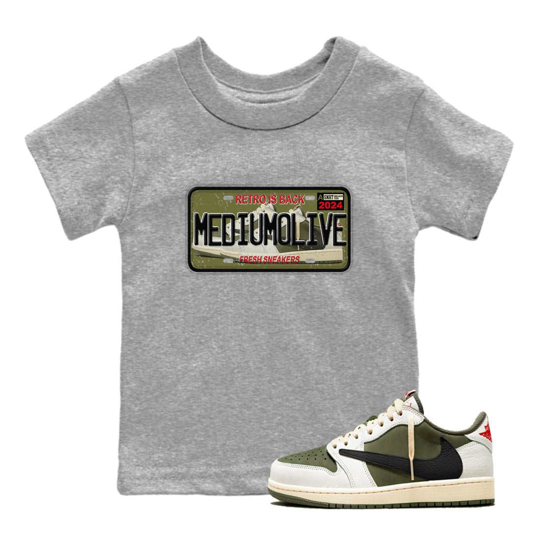 1s Travis Scott Medium Olive shirts to match jordans Sneaker Plate sneaker match tees Air Jordan 1 Travis Scott Medium Olive match shoes to clothes SNRT Sneaker Tees Youth Baby Heather Grey 1 tee