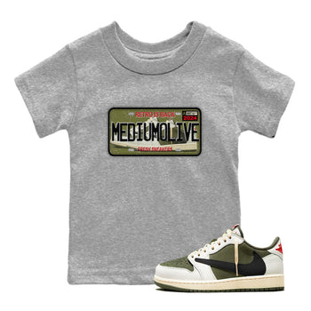 1s Travis Scott Medium Olive shirts to match jordans Sneaker Plate sneaker match tees Air Jordan 1 Travis Scott Medium Olive match shoes to clothes SNRT Sneaker Tees Youth Baby Heather Grey 1 tee
