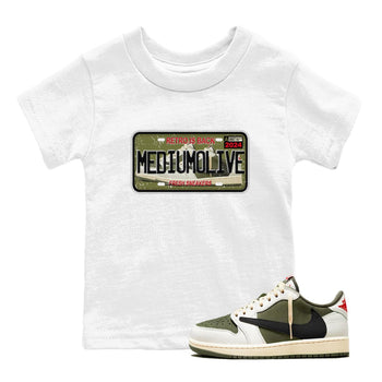 1s Travis Scott Medium Olive shirts to match jordans Sneaker Plate sneaker match tees Air Jordan 1 Travis Scott Medium Olive match shoes to clothes SNRT Sneaker Tees Youth Baby White 1 tee