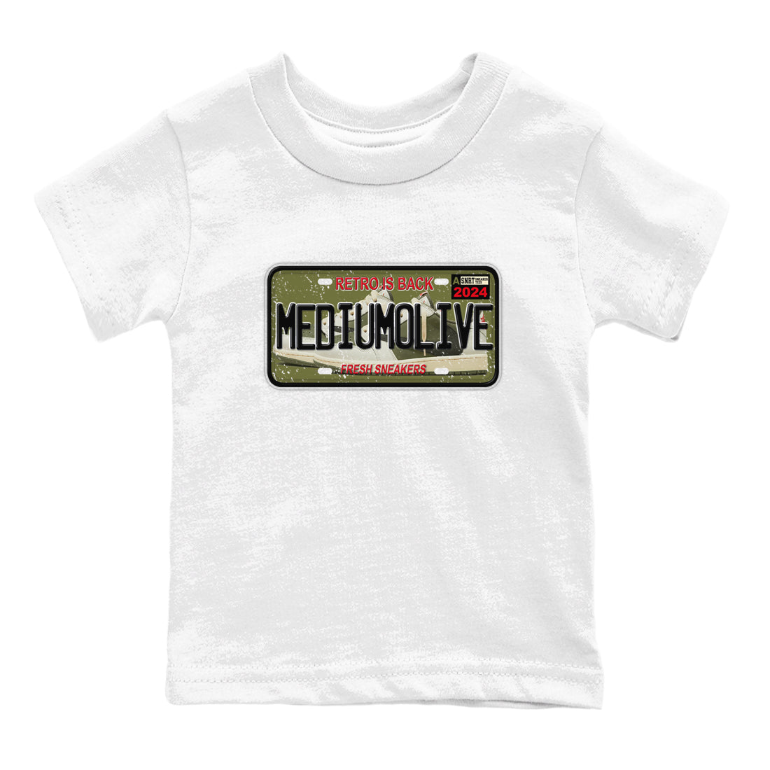 1s Travis Scott Medium Olive shirts to match jordans Sneaker Plate sneaker match tees Air Jordan 1 Travis Scott Medium Olive match shoes to clothes SNRT Sneaker Tees Youth Baby White 2 tee