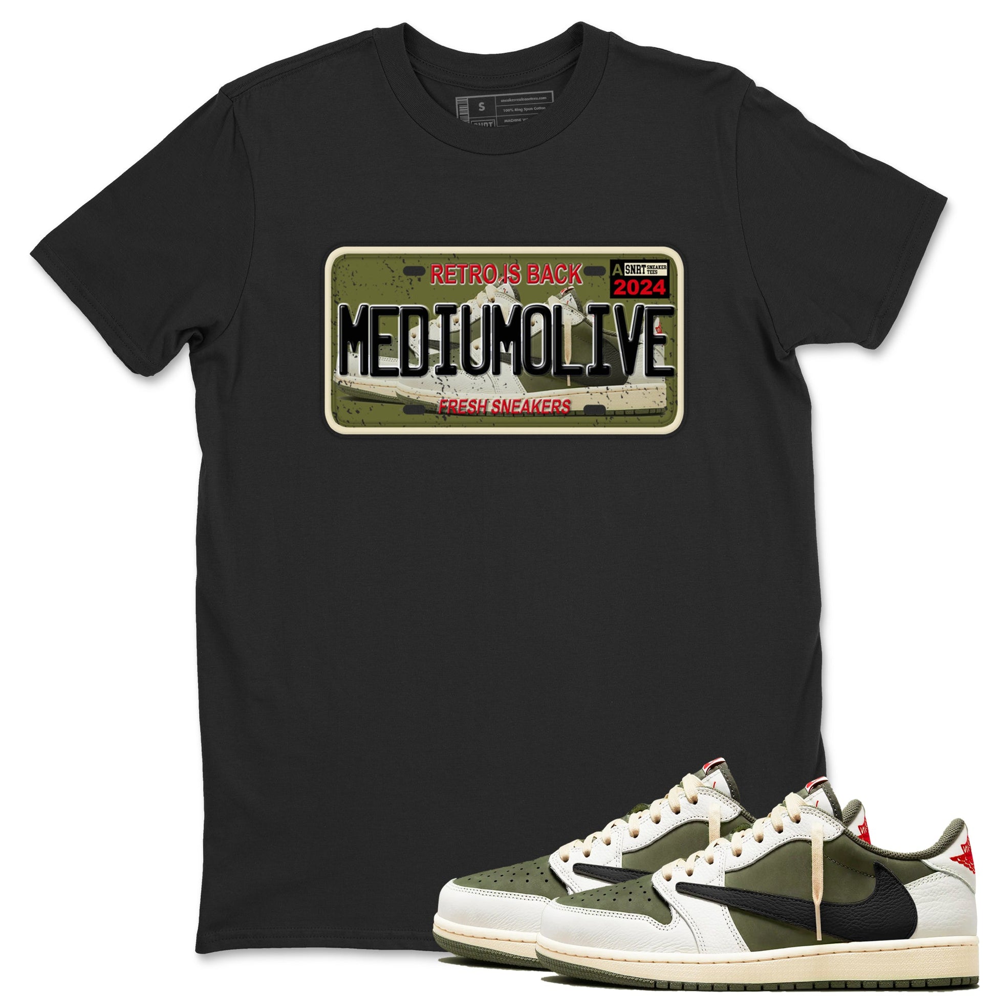 1s Travis Scott Medium Olive shirts to match jordans Sneaker Plate sneaker match tees Air Jordan 1 Travis Scott Medium Olive match shoes to clothes SNRT Sneaker Tees unisex cotton Black 1 shirts