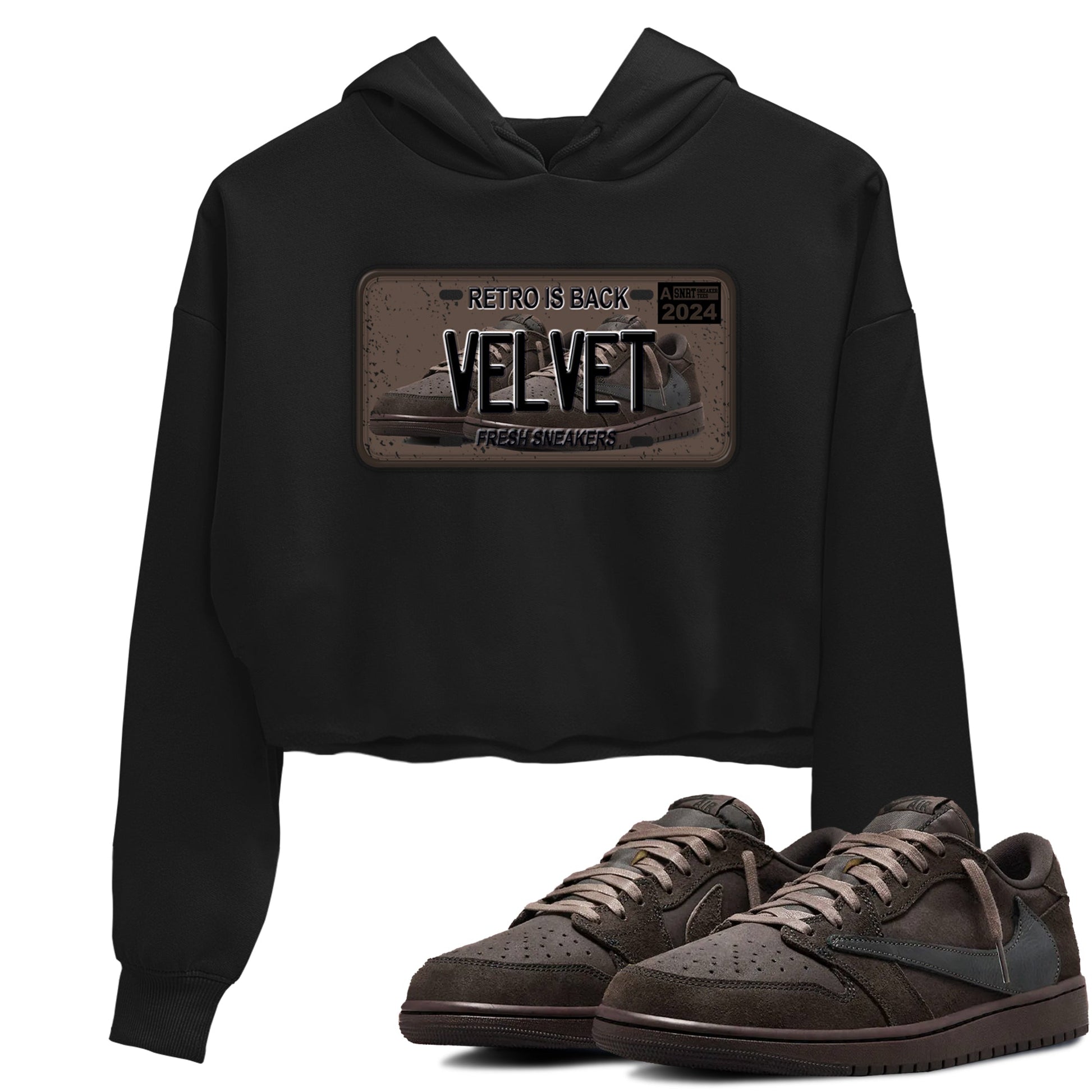AJ1 Travis Scott Velvet Brown and Dark Mocha shirts to match jordans Sneaker Plate sneaker match tees 1s Travis Scott Velvet Brown match shoes to clothes SNRT Sneaker Tees unisex cotton Black 1 crop tee