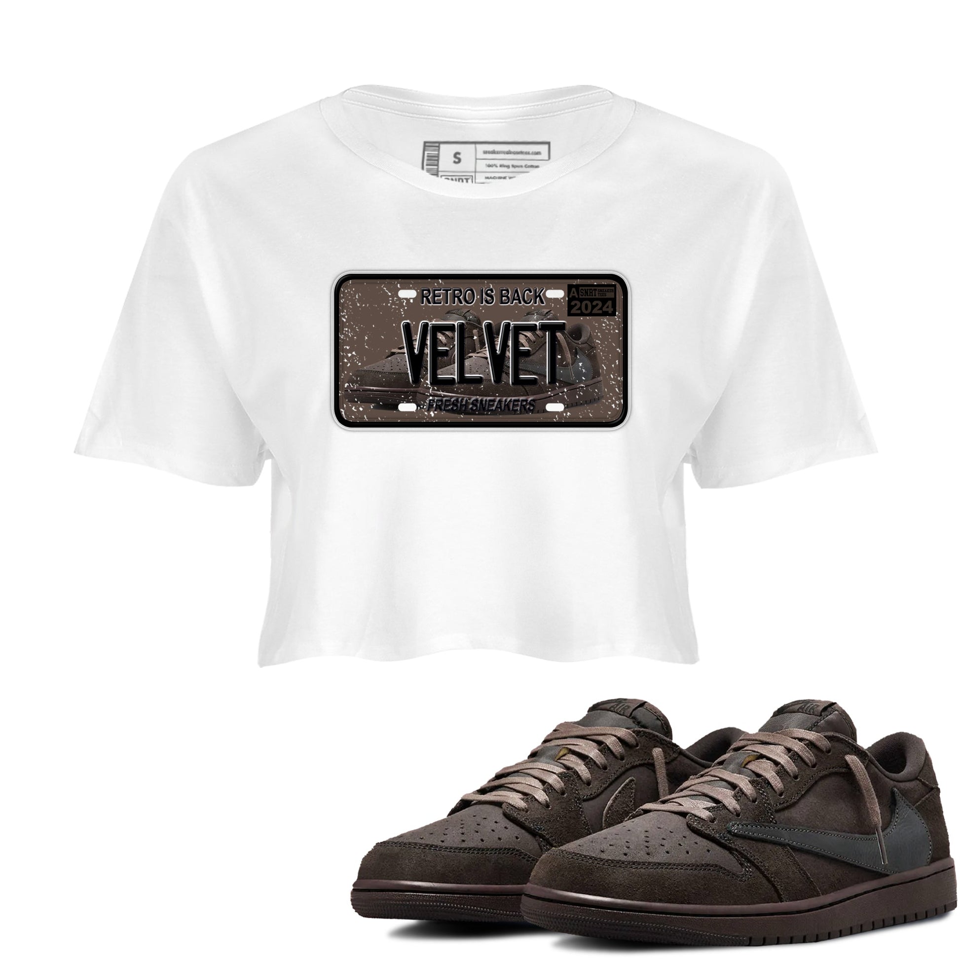 AJ1 Travis Scott Velvet Brown and Dark Mocha shirts to match jordans Sneaker Plate sneaker match tees 1s Travis Scott Velvet Brown match shoes to clothes SNRT Sneaker Tees unisex cotton White 1 crop tee