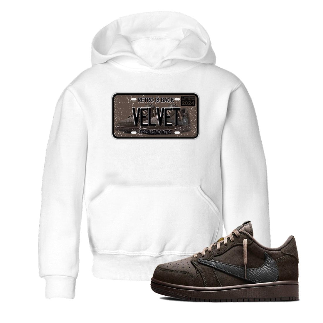 AJ1 Travis Scott Velvet Brown and Dark Mocha shirts to match jordans Sneaker Plate sneaker match tees 1s Travis Scott Velvet Brown match shoes to clothes SNRT Sneaker Tees Youth Baby White 1 tee