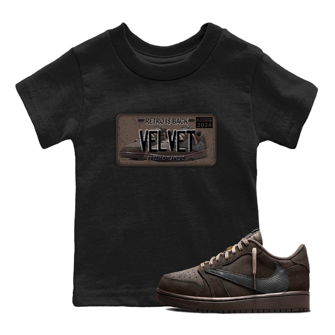 AJ1 Travis Scott Velvet Brown and Dark Mocha shirts to match jordans Sneaker Plate sneaker match tees 1s Travis Scott Velvet Brown match shoes to clothes SNRT Sneaker Tees Youth Baby Black 1 tee