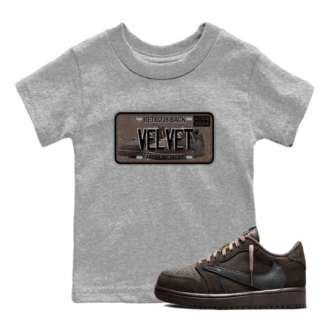AJ1 Travis Scott Velvet Brown and Dark Mocha shirts to match jordans Sneaker Plate sneaker match tees 1s Travis Scott Velvet Brown match shoes to clothes SNRT Sneaker Tees Youth Baby Heather Grey 1 tee