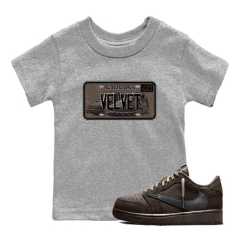 AJ1 Travis Scott Velvet Brown and Dark Mocha shirts to match jordans Sneaker Plate sneaker match tees 1s Travis Scott Velvet Brown match shoes to clothes SNRT Sneaker Tees Youth Baby Heather Grey 1 tee