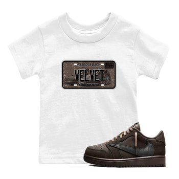 AJ1 Travis Scott Velvet Brown and Dark Mocha shirts to match jordans Sneaker Plate sneaker match tees 1s Travis Scott Velvet Brown match shoes to clothes SNRT Sneaker Tees Youth Baby White 1 tee