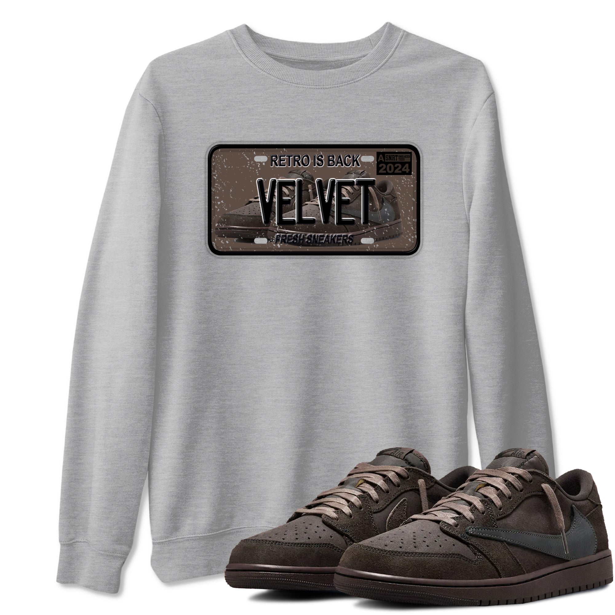 AJ1 Travis Scott Velvet Brown and Dark Mocha shirts to match jordans Sneaker Plate sneaker match tees 1s Travis Scott Velvet Brown match shoes to clothes SNRT Sneaker Tees unisex cotton Heather Grey 1 shirts