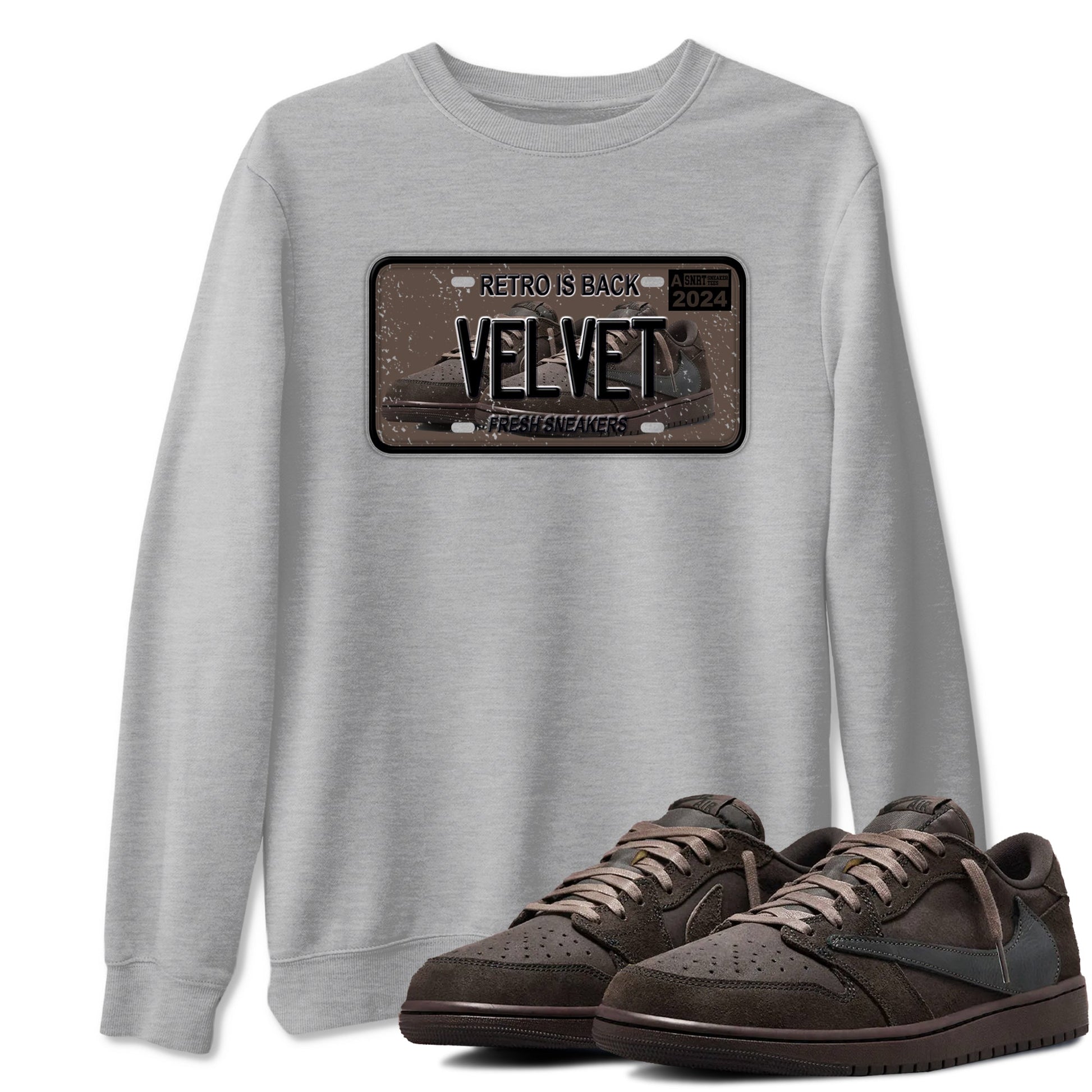 AJ1 Travis Scott Velvet Brown and Dark Mocha shirts to match jordans Sneaker Plate sneaker match tees 1s Travis Scott Velvet Brown match shoes to clothes SNRT Sneaker Tees unisex cotton Heather Grey 1 shirts