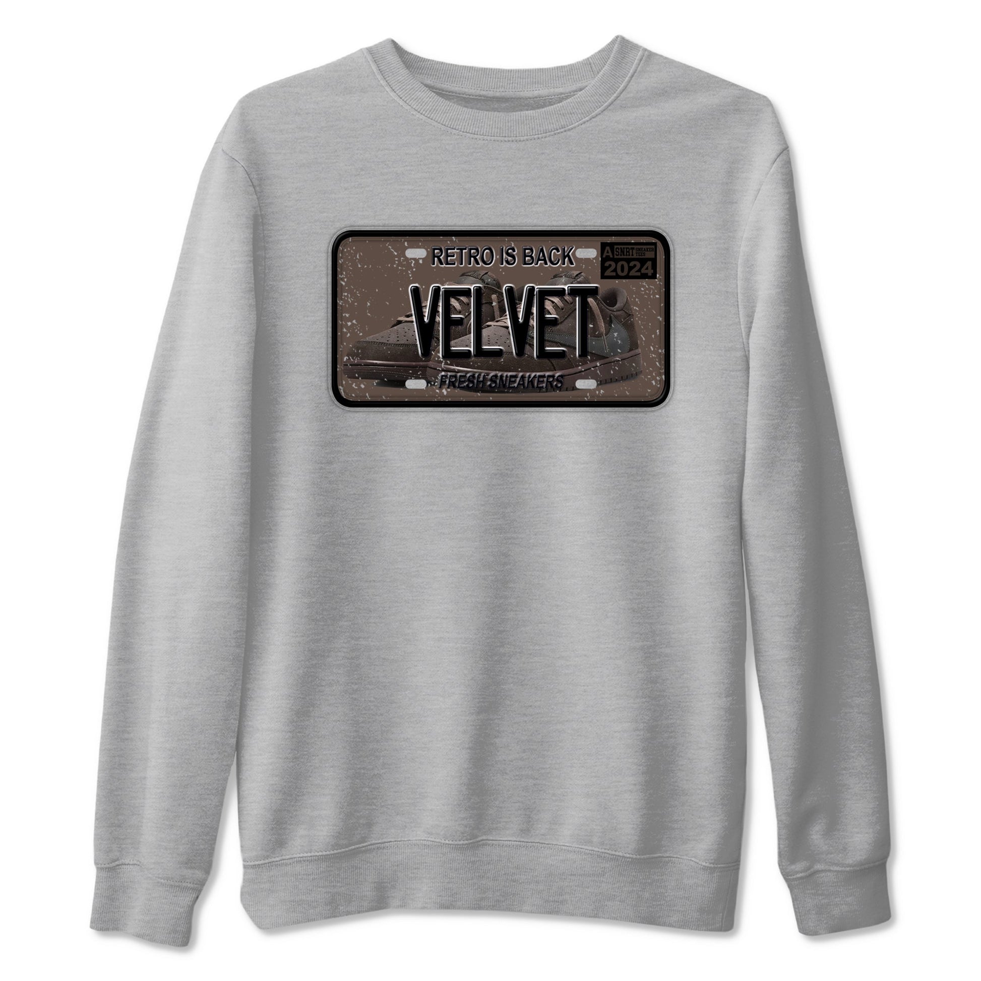 AJ1 Travis Scott Velvet Brown and Dark Mocha shirts to match jordans Sneaker Plate sneaker match tees 1s Travis Scott Velvet Brown match shoes to clothes SNRT Sneaker Tees unisex cotton Heather Grey 2 shirts