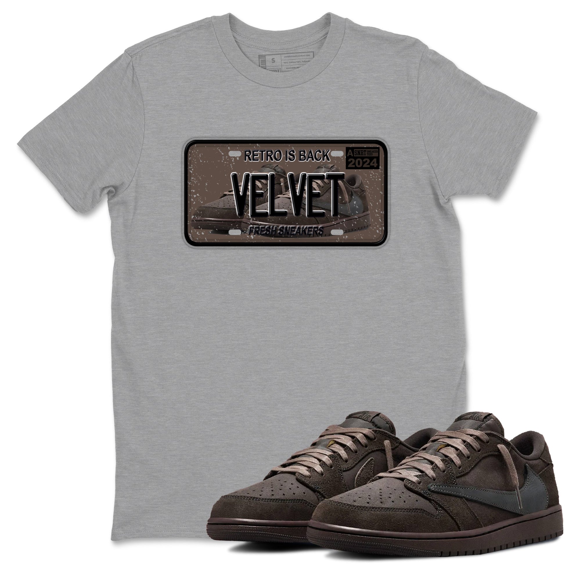 AJ1 Travis Scott Velvet Brown and Dark Mocha shirts to match jordans Sneaker Plate sneaker match tees 1s Travis Scott Velvet Brown match shoes to clothes SNRT Sneaker Tees unisex cotton Heather Grey 1 shirts