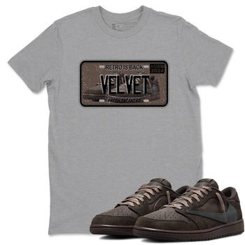 AJ1 Travis Scott Velvet Brown and Dark Mocha shirts to match jordans Sneaker Plate sneaker match tees 1s Travis Scott Velvet Brown match shoes to clothes SNRT Sneaker Tees unisex cotton Heather Grey 1 shirts