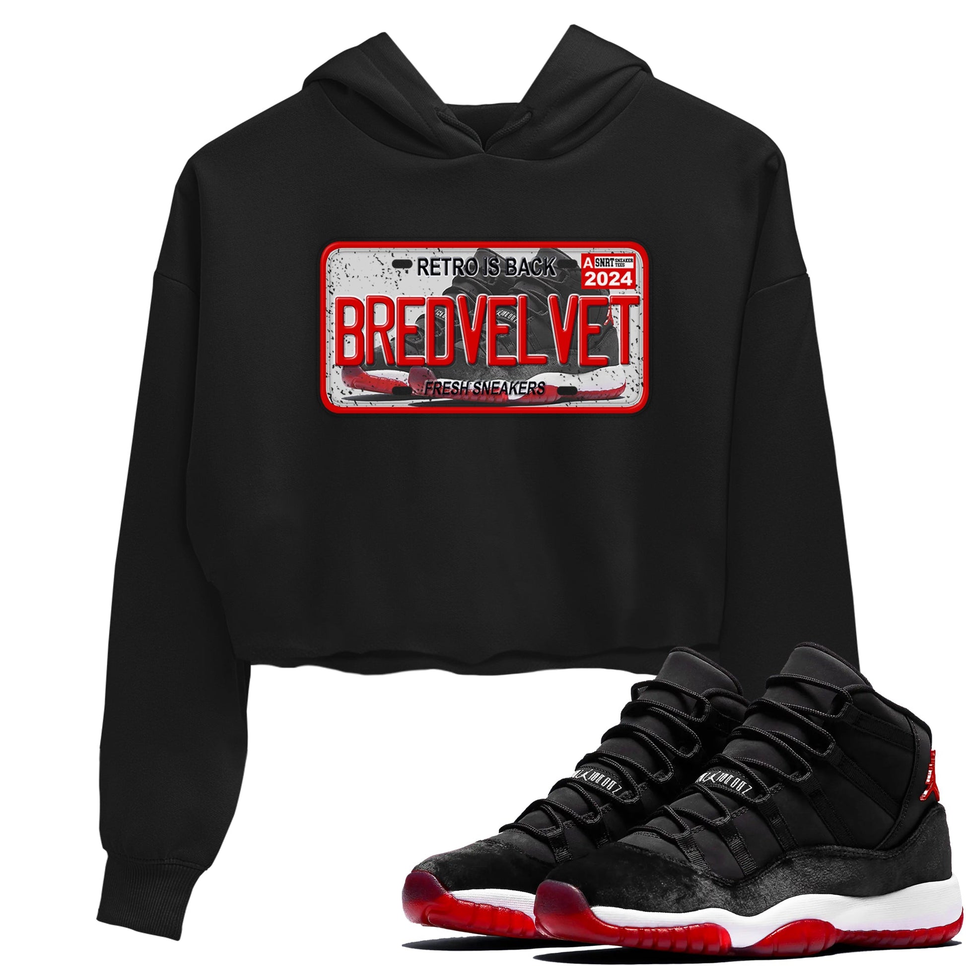 11s Bred Velvet shirts to match jordans Sneaker Plate sneaker match tees Air Jordan 11 Bred Velvet SNRT Sneaker Release Tees unisex cotton Black 1 Crop Shirts